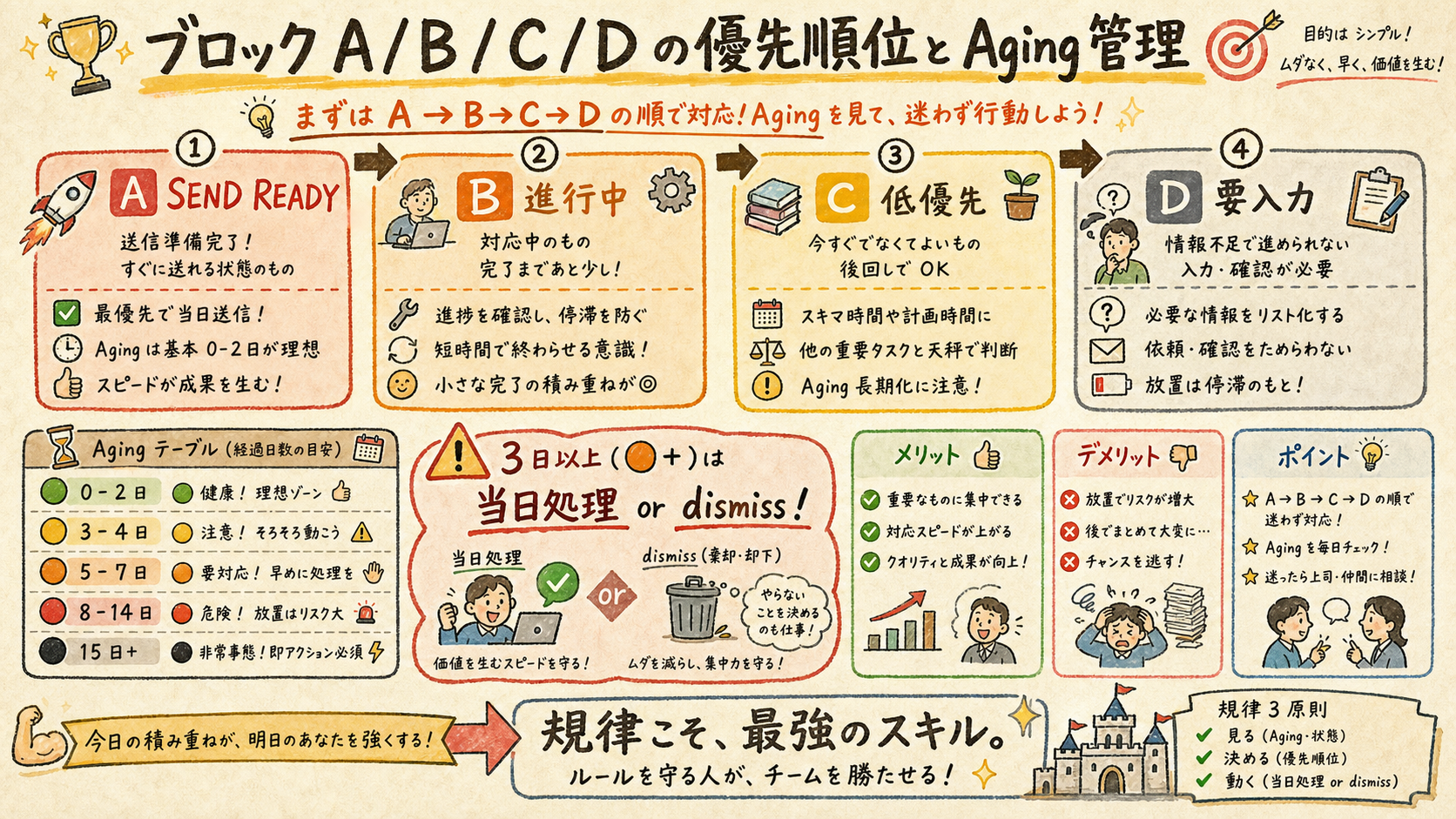 blocks A B C D + aging icons